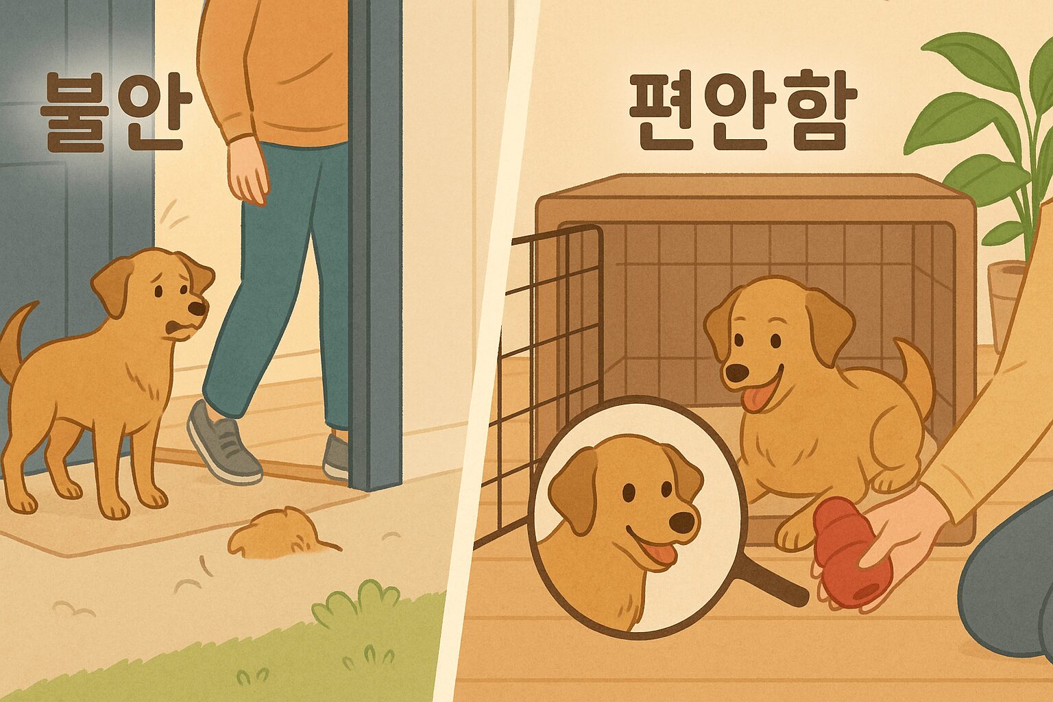 강아지 분리불안 훈련법: 보호자가 외출 준비를 하자 강아지가 불안한 듯 짖고 있다. 다른 장면에서는 보호자가 긍정 강화 훈련(클리커, 간식)을 통해 강아지가 켄넬에서 편안하게 쉬도록 유도하고 있다.