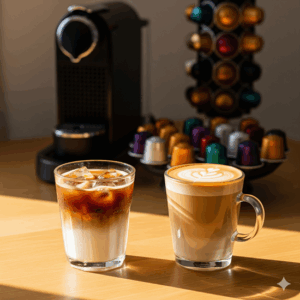 캡슐 커피 머신으로 직접 만든 부드러운 우유 거품의 카페 라떼 한 잔