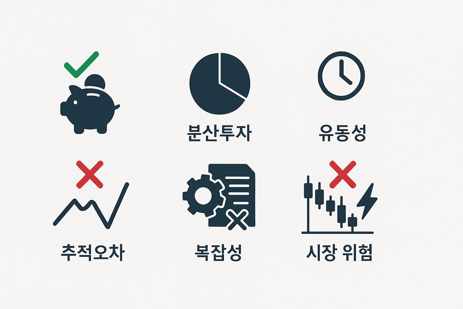 ETF 장단점 솔직 비교: 장점(분산)과 단점(괴리율, 추적오차)을 시각화한 인포그래픽