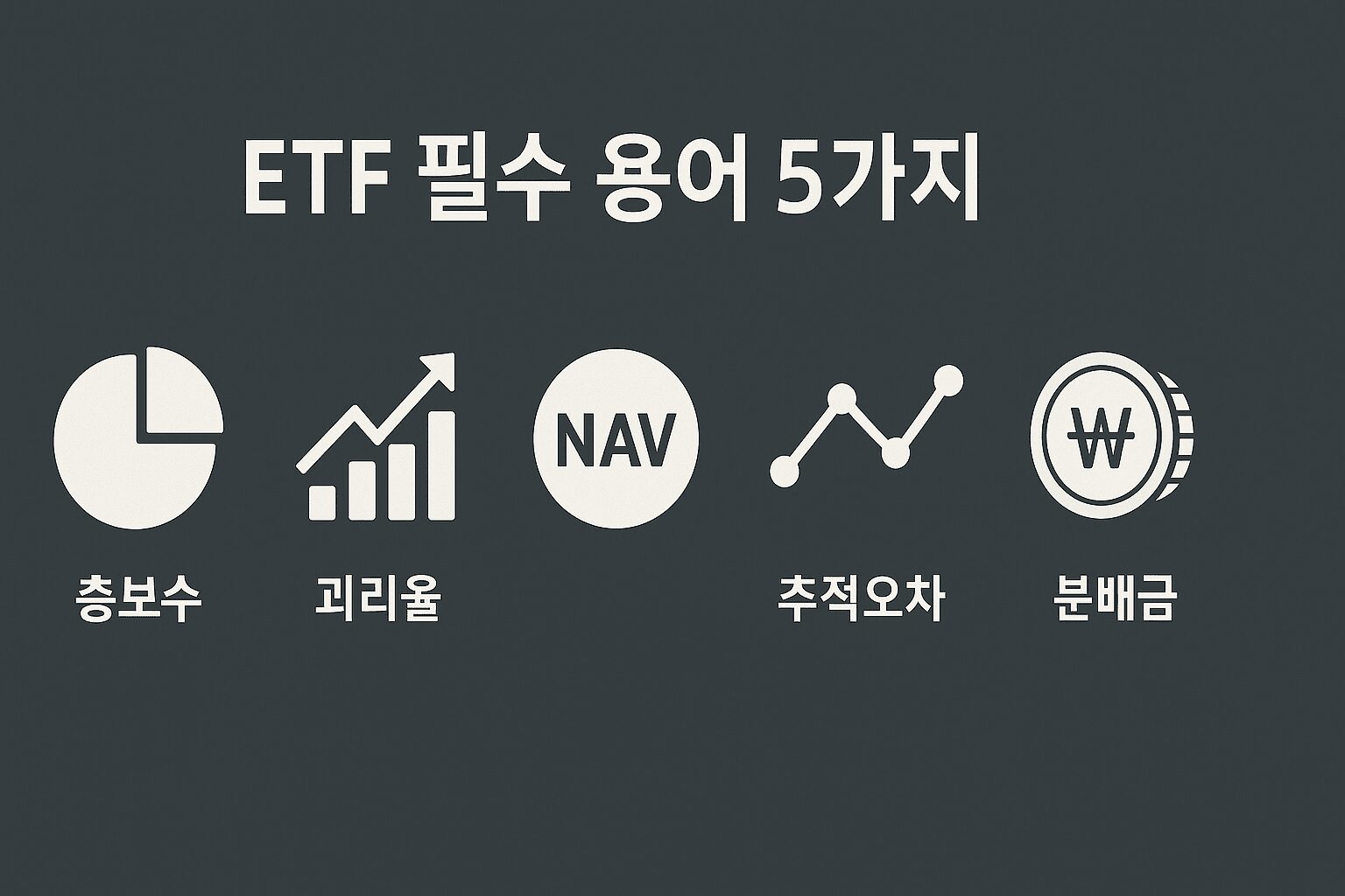 ETF 필수 용어 5가지, 이것 모르면 투자하지 마세요! (초보 눈높이 설명) (추천) ETF 필수 용어 5가지: 총보수, 괴리율, NAV, 추적오차, 분배금을 시각화한 금융 이미지