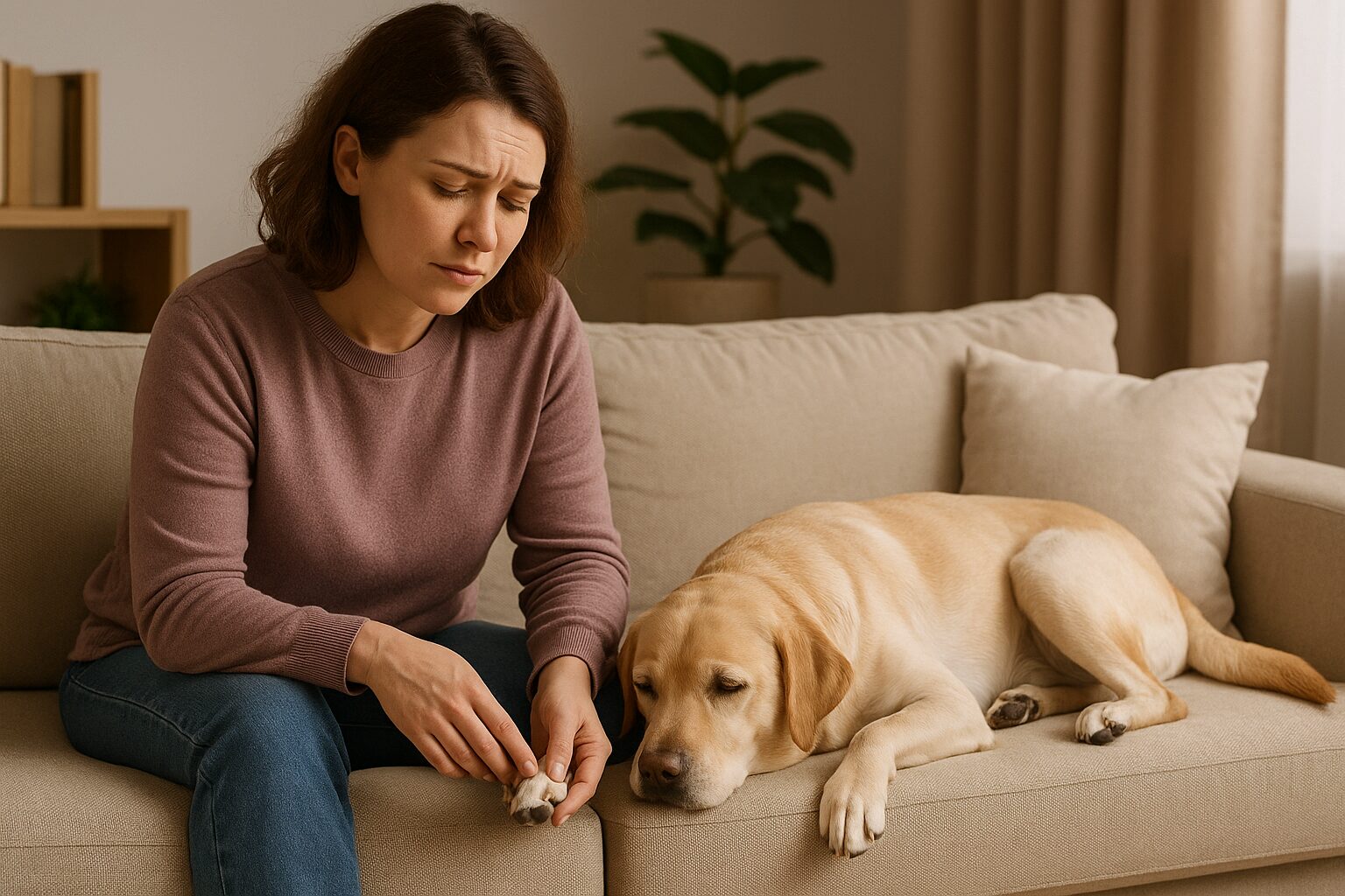 강아지가 갑자기 다리를 저는 이유, 절대 간과하면 안 되는 7가지 신호 강아지가 갑자기 다리를 저는 이유를 걱정하며 다리를 살피는 보호자의 손