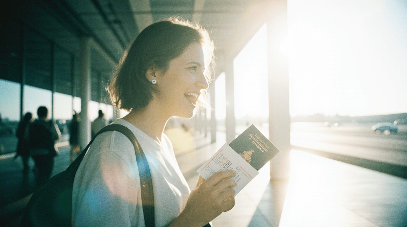 해외여행 준비물 체크리스트: 이것만 챙기면 걱정 끝! (2025년~2026년 최신판) 해외여행 준비물 여행을 떠나기 직전 설레는 감성을 담은 이미지, 여권과 항공권을 들고 공항으로 향하는 모습