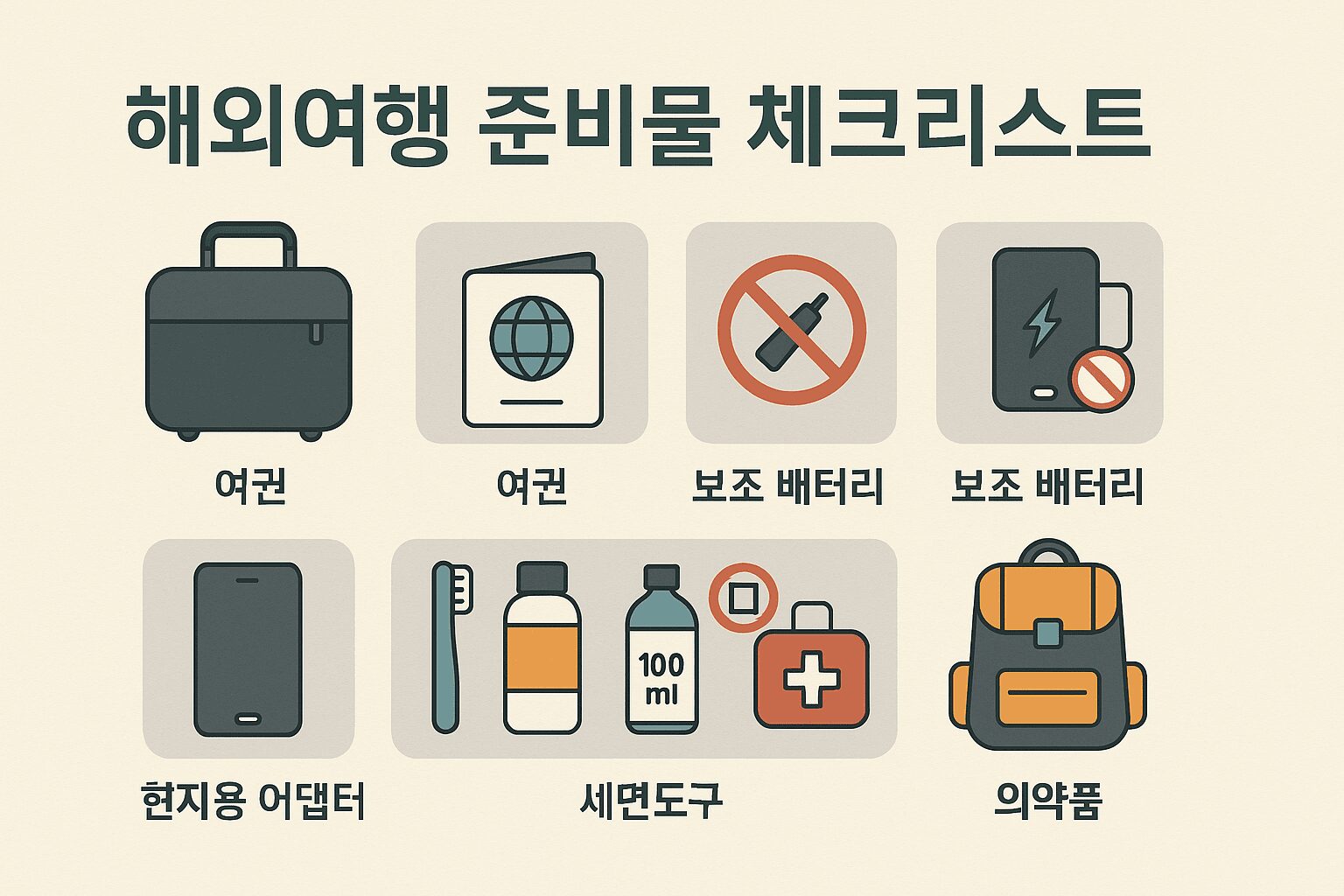 해외여행 준비물 체크리스트: 이것만 챙기면 걱정 끝! (2025년~2026년 최신판) 해외여행 준비물 체크리스트 인포그래픽, 보조 배터리 규정 및 액체류 용량 제한 강조