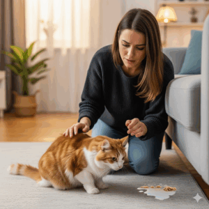 고양이 구토, 헤어볼 vs 질병 신호 완벽 구분법 (병원 가야 할 증상) 집사가 바닥에 구토한 고양이의 상태를 걱정스럽게 살피는 모습