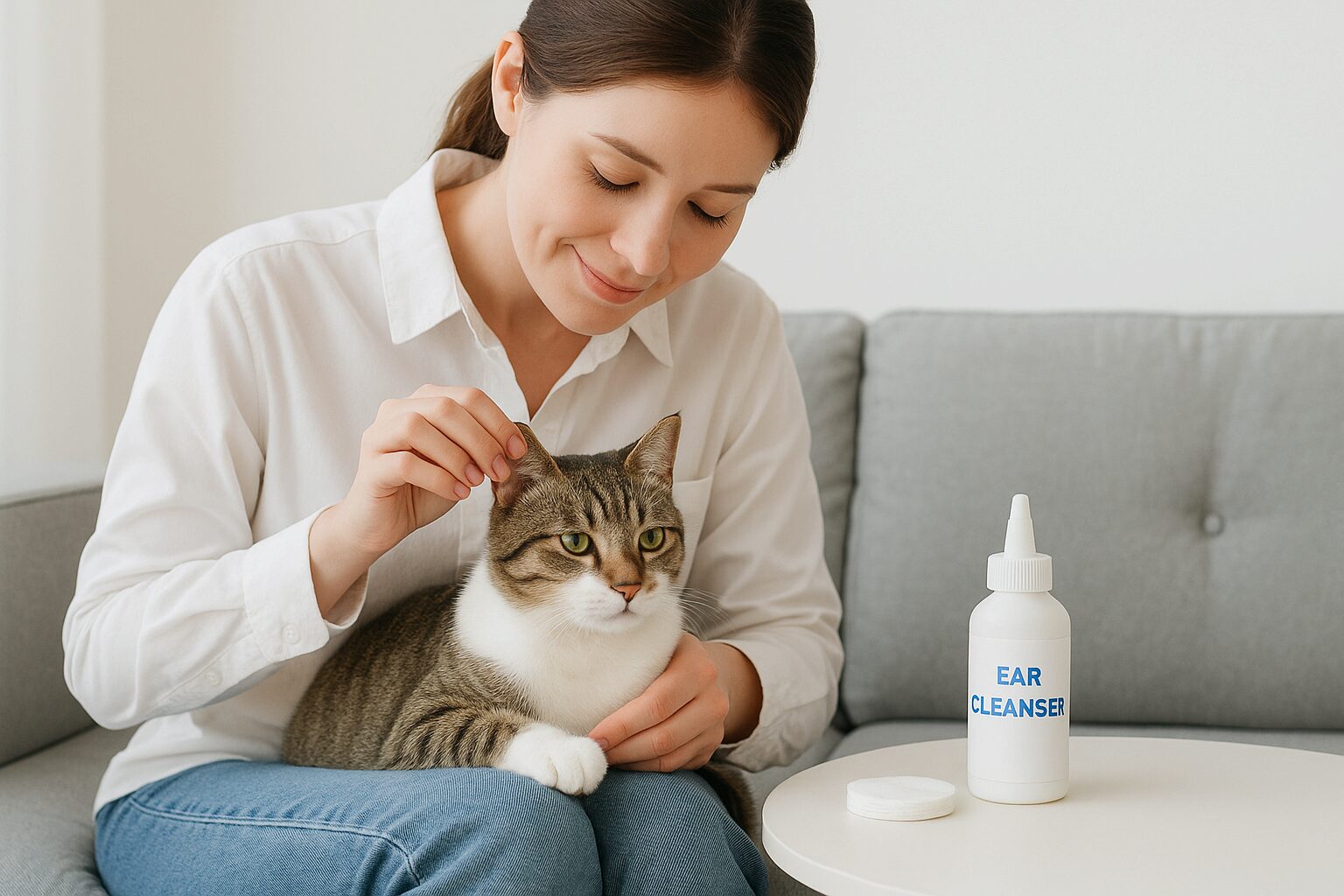 초보 집사가 전문가의 가이드에 따라 안전하게 고양이 귀 청소를 해주는 모습