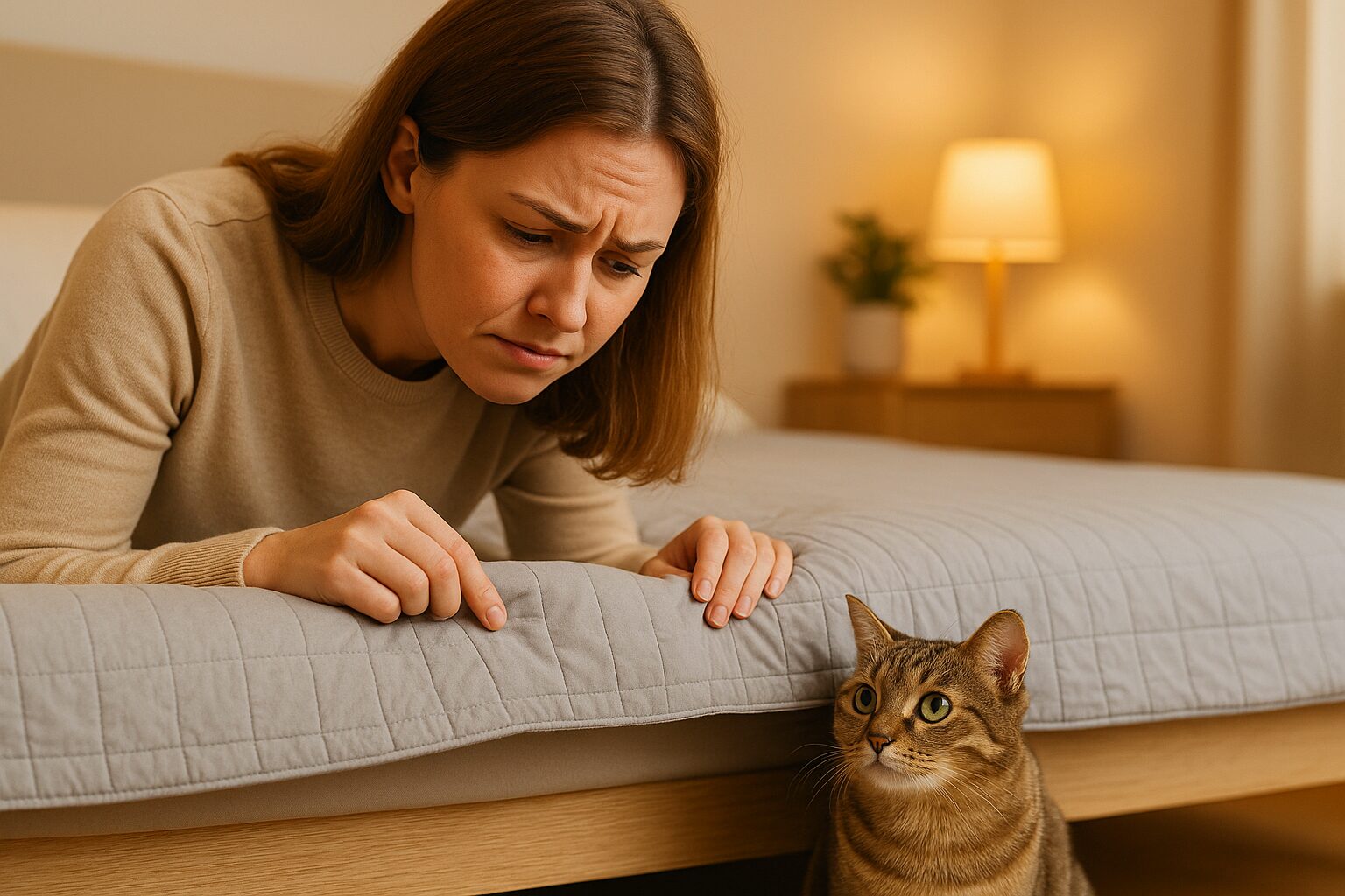 고양이 이불에 실수, 절대 혼내면 안 되는 이유 (해결법 5가지) 고양이 이불에 실수 문제의 원인을 고민하며 이불을 바라보는 집사