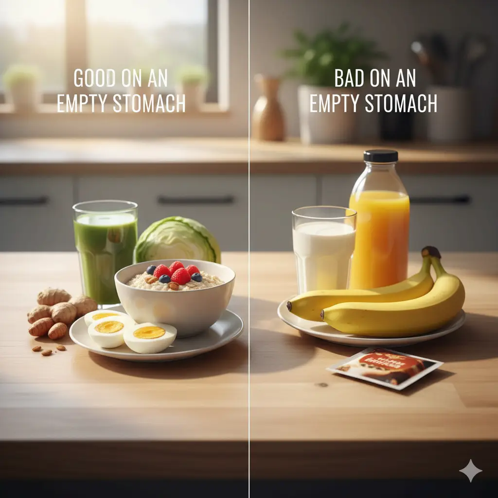 아침 공복에 좋은 음식과 독이 되는 음식을 비교하는 이미지