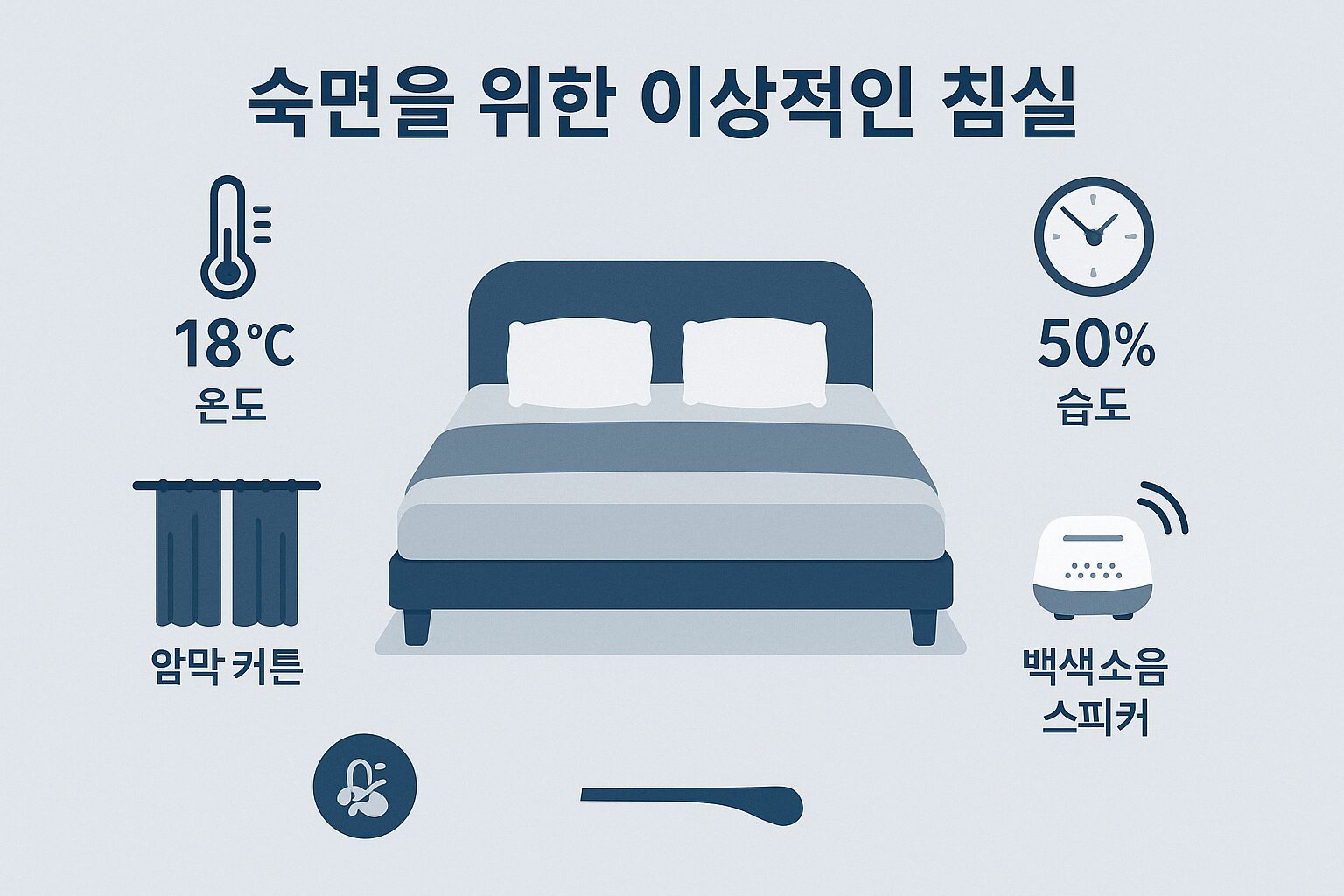 침실 환경 최적화: 숙면을 부르는 마법의 온도와 습도 A to Z 숙면을 위한 최적의 침실 환경 요소인 온도, 습도, 빛, 소리를 나타내는 인포그래픽