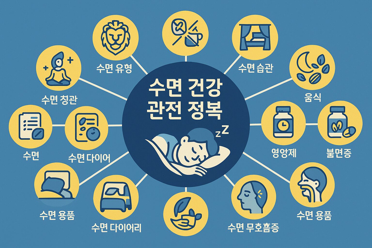 중앙에 '수면 건강'이라는 키워드를 두고, 10가지 시리즈 주제(수면유형, 수면습관, 침실환경 등)가 가지처럼 뻗어나가는 마인드맵 형태의 인포그래픽