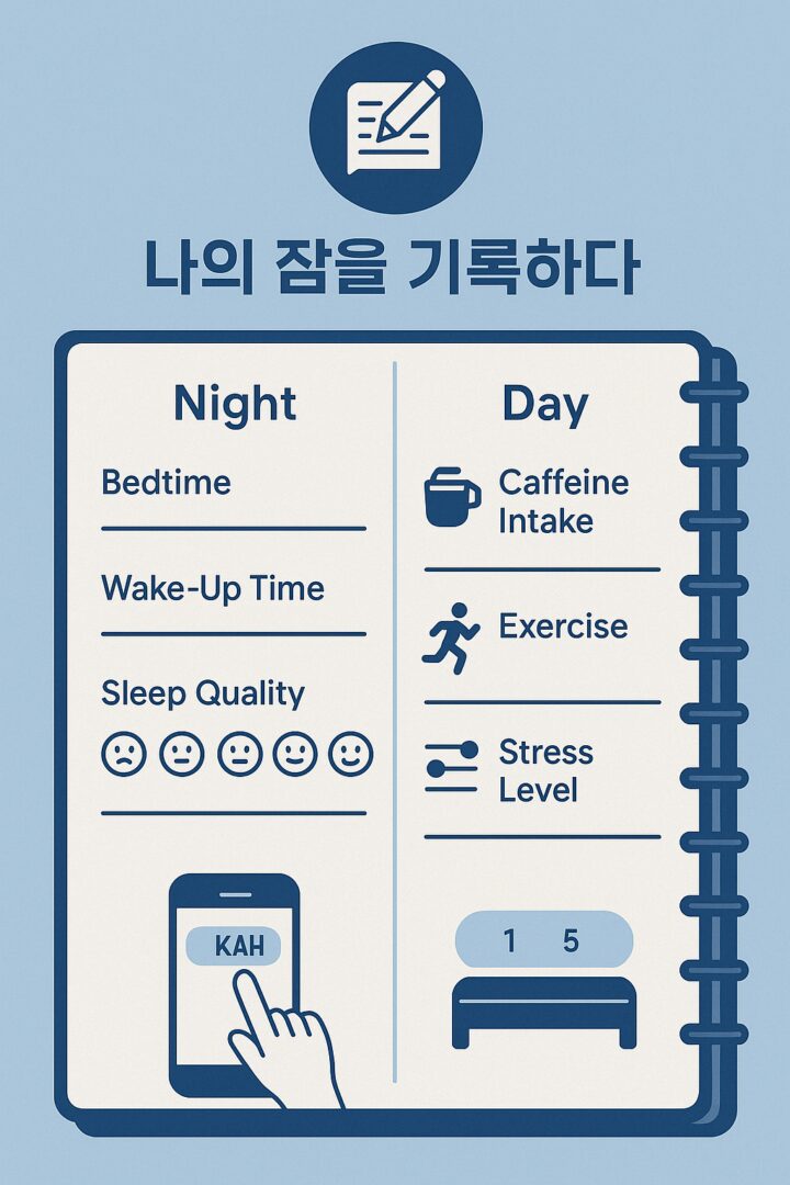 수면 다이어리 작성법: 당신의 불면증 원인을 찾는 가장 확실한 방법 스마트폰과 노트에 수면 다이어리를 작성하는 모습과 함께 기록해야 할 항목(취침시간, 기상시간, 카페인 섭취 등) 아이콘이 나열된 인포그래픽