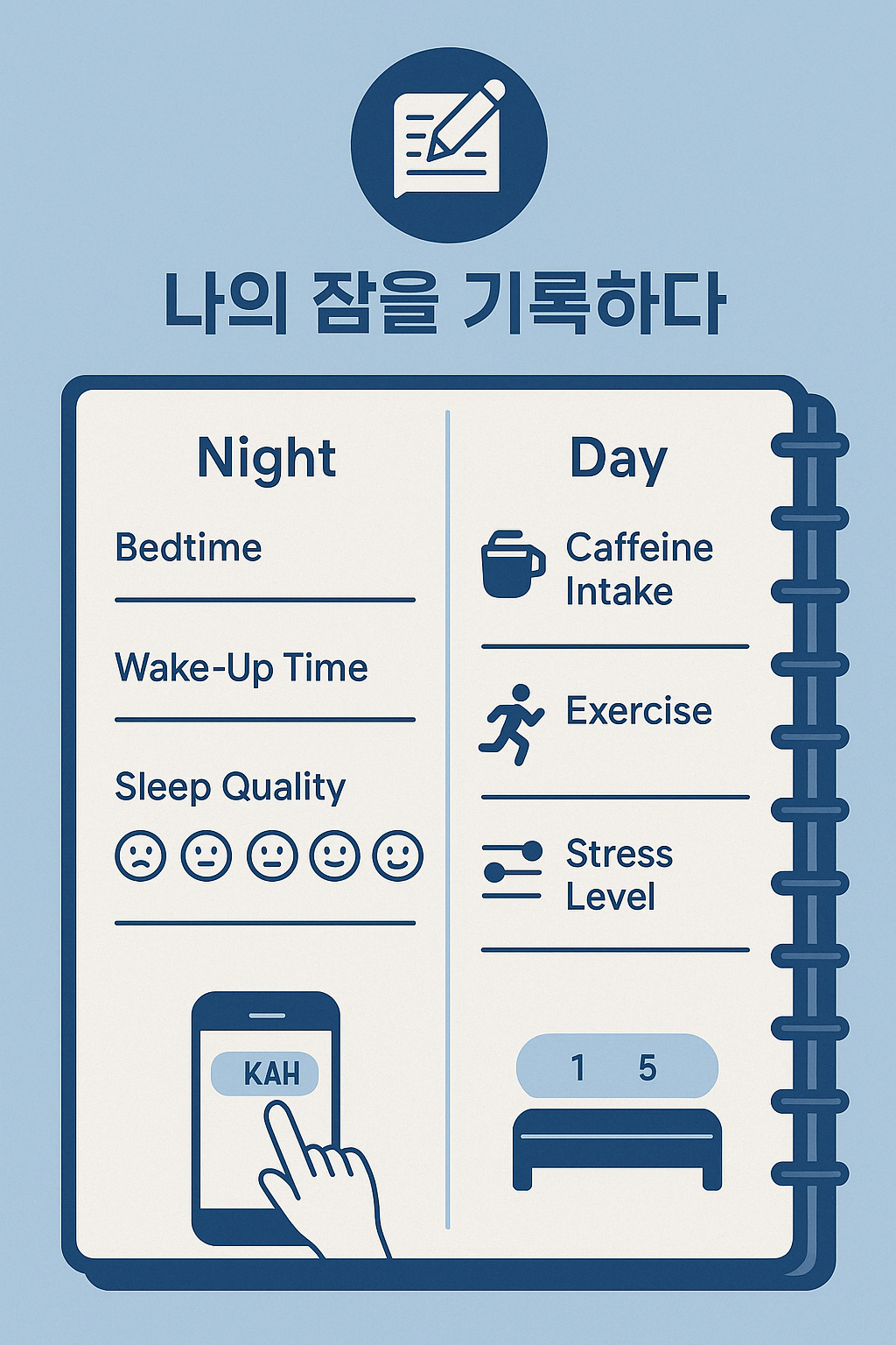 스마트폰과 노트에 수면 다이어리를 작성하는 모습과 함께 기록해야 할 항목(취침시간, 기상시간, 카페인 섭취 등) 아이콘이 나열된 인포그래픽