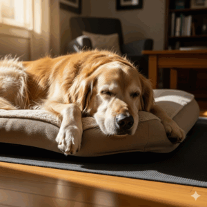 노령견 관절 영양제, 아직도 고민? (핵심 성분, 관리법 총정리) 푹신한 방석에 누워있는 노령견과 노령견 관절 영양제 제품 모습