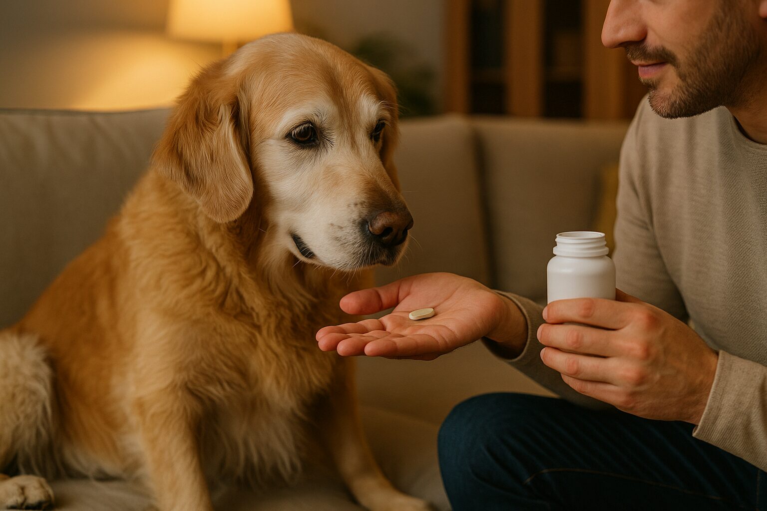 주인이 건네는 노령견 영양제를 사랑스러운 눈으로 바라보는 나이 든 강아지