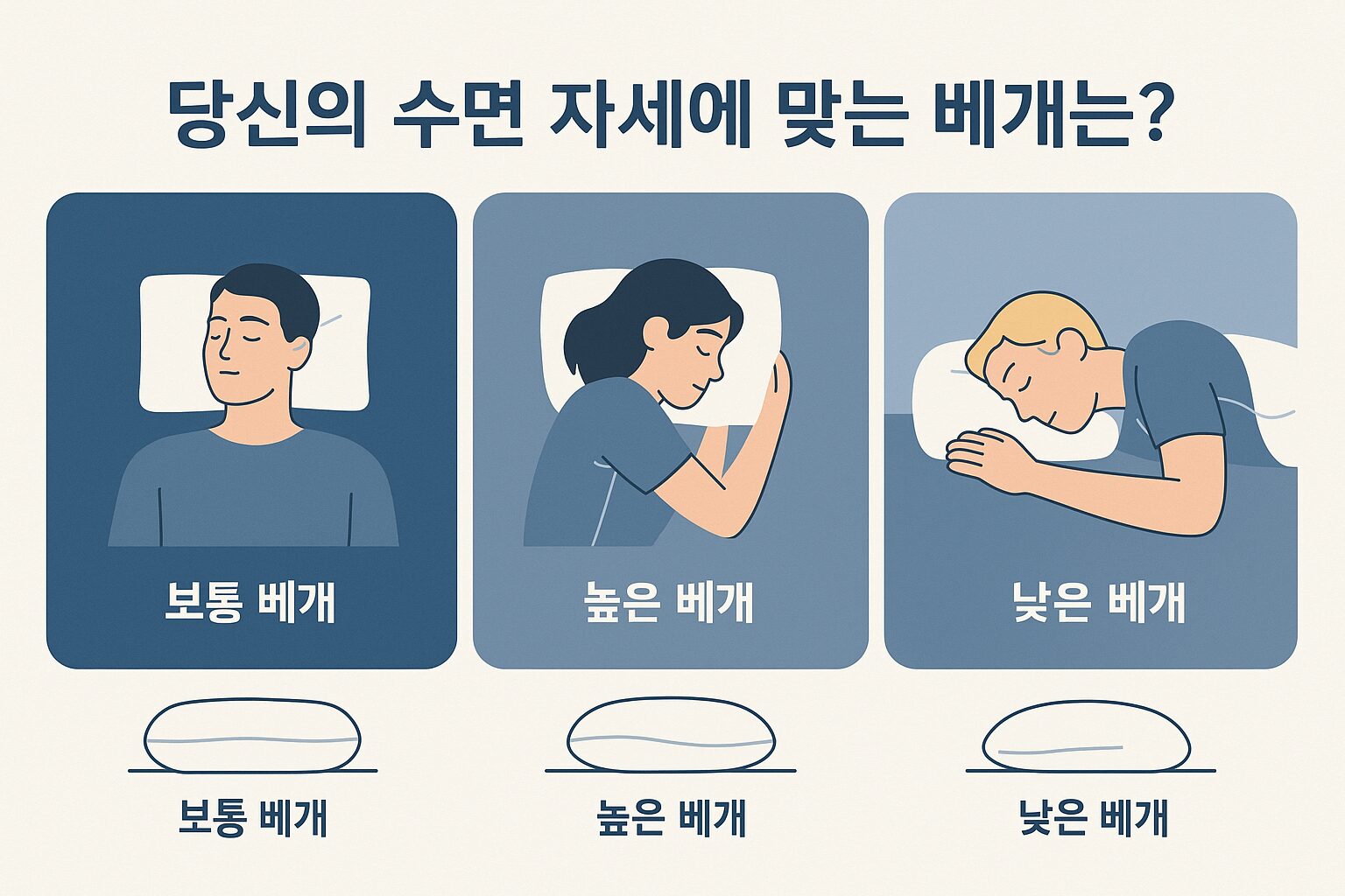 수면 자세(바로 눕기, 옆으로 눕기, 엎드려 자기)에 따라 추천되는 각기 다른 높이의 베개를 보여주는 인포그래픽