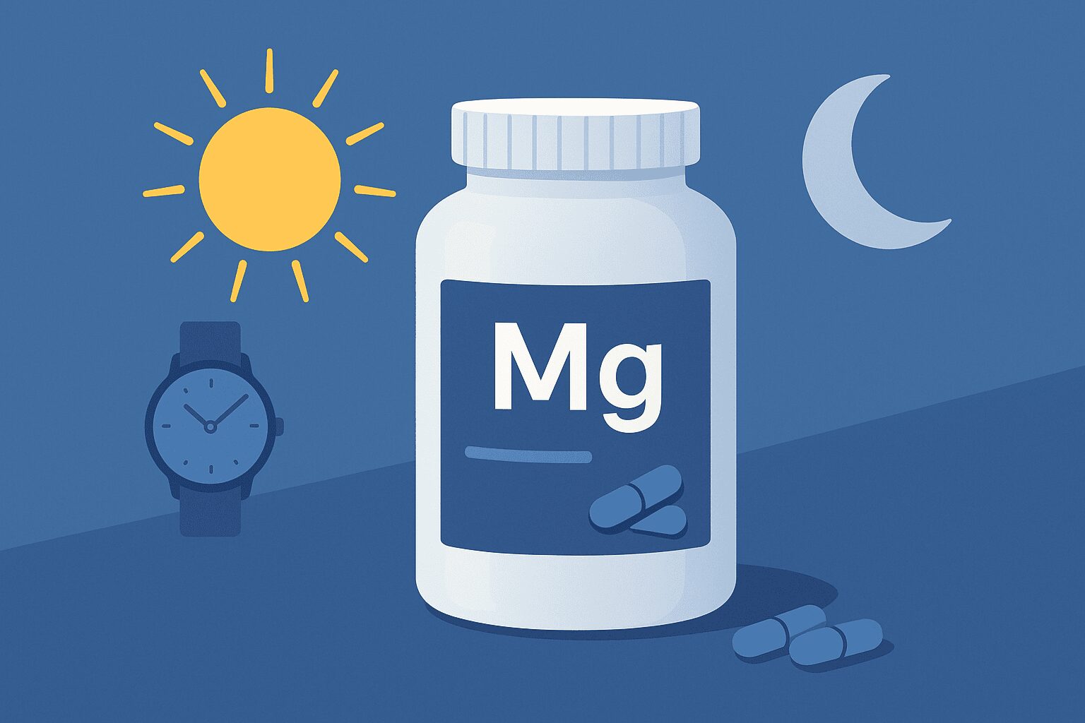 마그네슘 언제 먹어야 효과 200%? 아침 vs 저녁, 최고의 시간과 조합 마그네슘 섭취 시간표와 마그네슘 분자 구조가 그려진 이미지