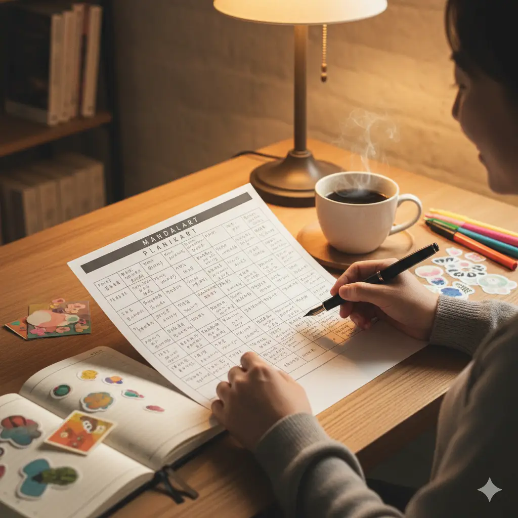 만다라트 계획법으로 2026년 새해 계획을 세우고 있는 모습