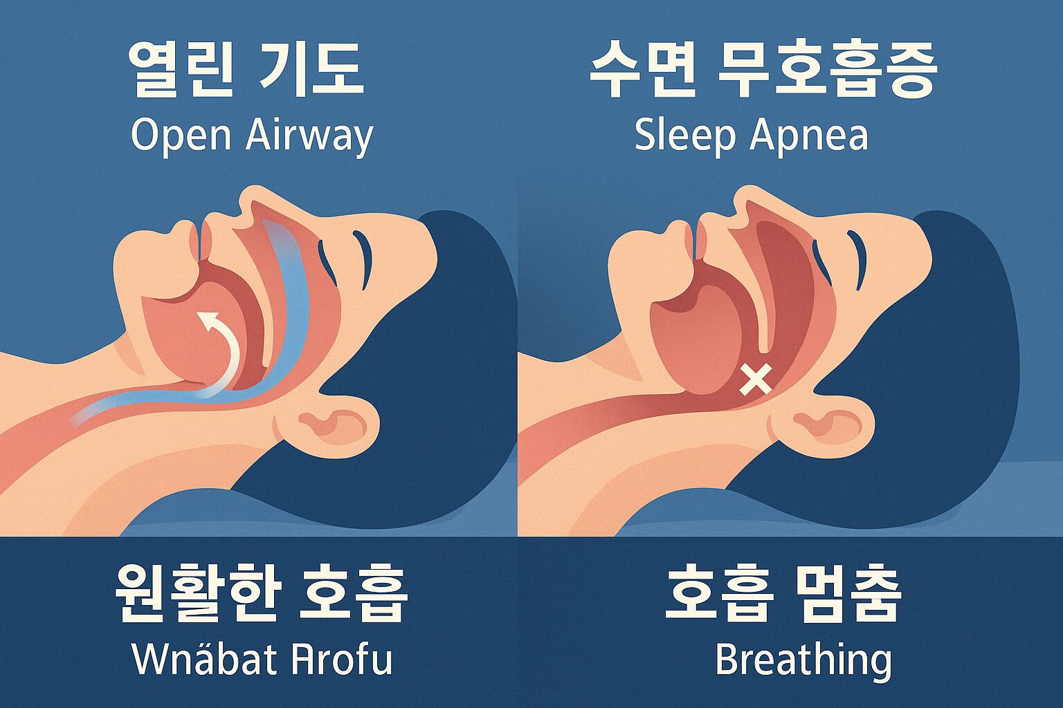 수면 무호흡증, 단순 코골이로 방치하면 생명이 위험합니다 (자가진단법) 정상 호흡 시의 열린 기도와 수면 무호흡증 상태의 막힌 기도를 비교하여 보여주는 의학적 인포그래픽