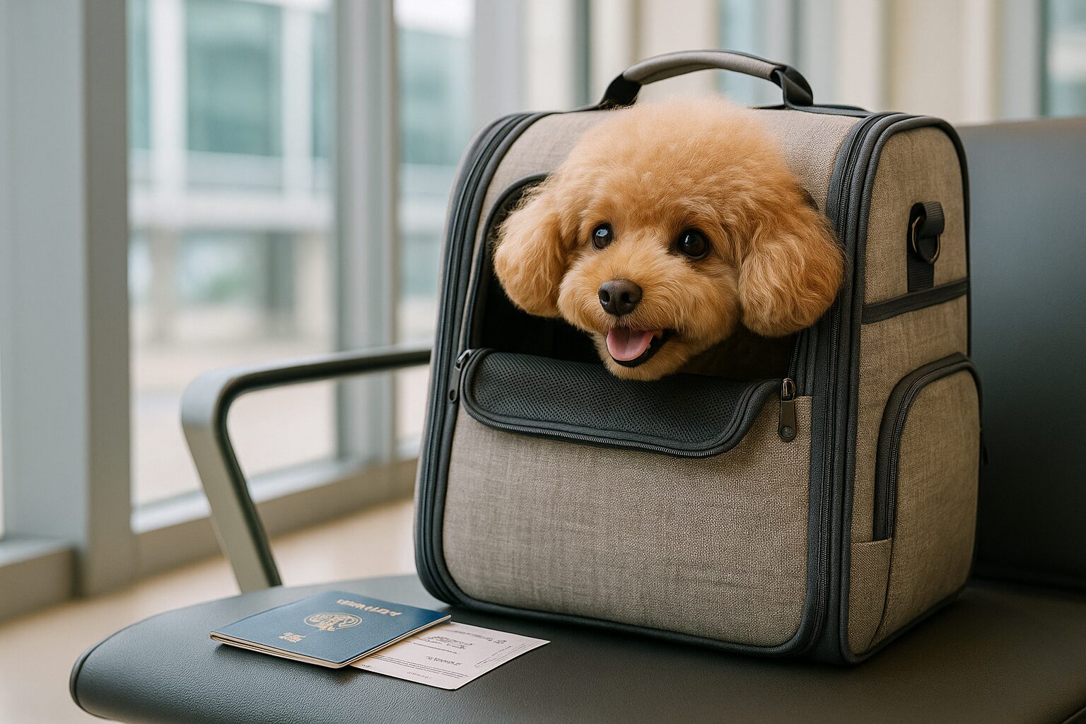 반려동물 비행기 탑승 A to Z: 항공사별 규정, 준비물 완벽 총정리 반려동물 비행기 탑승을 위해 이동 가방에 들어있는 강아지와 주인 여권