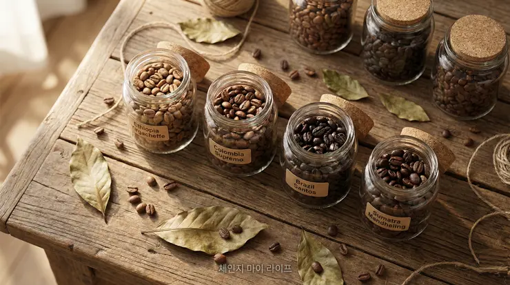 다양한 산지와 로스팅 포인트별 원두 종류를 비교 분석하는 리포트 이미지