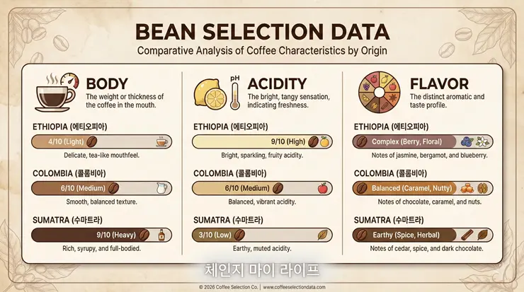 원두 추천을 위한 산지별 향미 밸런스 비교 분석 데이터 인포그래픽 이미지