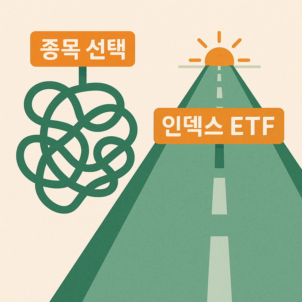 복잡한 주식 시장에서 인덱스 ETF가 가장 간단한 투자 방법인 이유를 설명하는 이미지.
