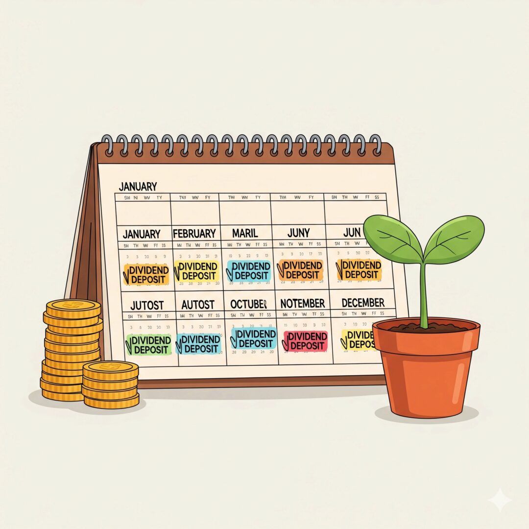 월 10만원으로 '12개월 배당 캘린더' 만드는 법 (초보용 ETF 3개 조합) 12개월 배당 캘린더가 표시된 달력과 동전들