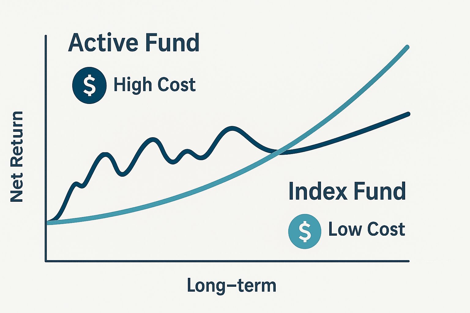 인덱스 ETF란? '시장을 이기는' 가장 간단한 투자 방법 (추천) 인덱스 ETF와 액티브 펀드의 수익률과 비용을 장기적으로 비교하는 그래프
