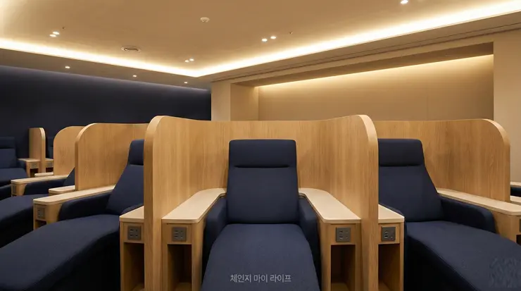인천공항 편의시설 중 냅존과 무료 안마의자가 구비된 4층 휴게 공간에서 승객들이 휴식을 취하는 모습