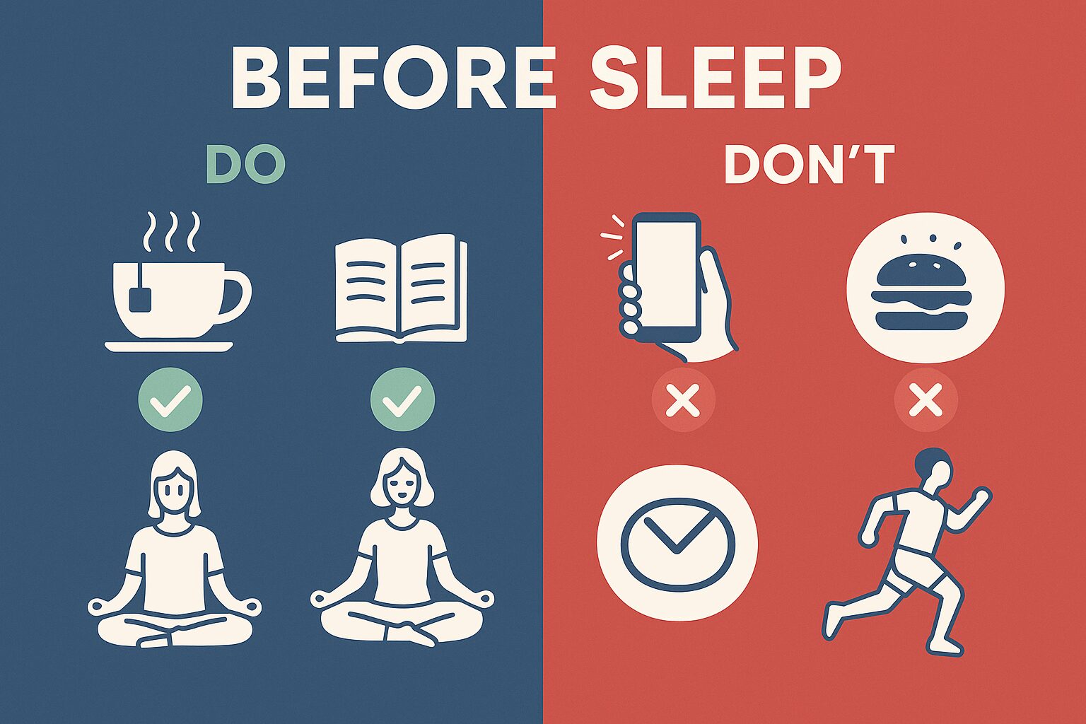 수면 루틴: 잠들기 전 30분이 당신의 다음 날을 결정한다 잠들기 전 좋은 수면 루틴(독서, 명상)과 나쁜 행동(스마트폰, 운동)을 비교하는 인포그래픽