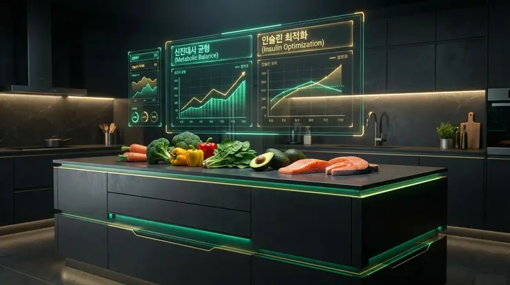 최신 건강 식단 트렌드 분석, 제로 슈거 열풍을 잇는 차세대 식사 전략 최신 건강 식단 트렌드와 데이터 기반의 대사 최적화 식단을 형상화한 이미지