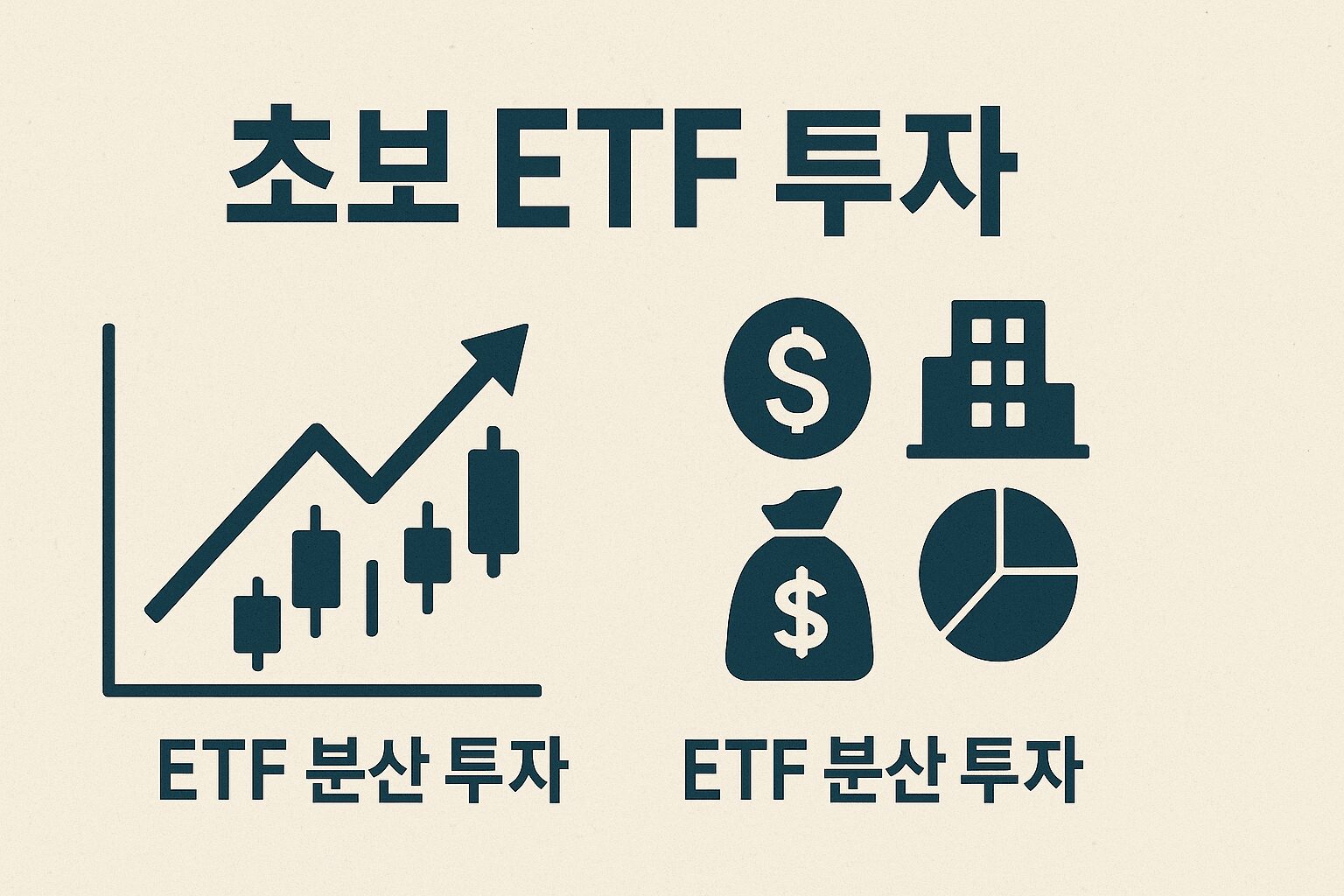 초보 ETF 시작: 주식 차트와 ETF 분산 투자를 상징하는 다양한 아이콘들이 모인 이미지