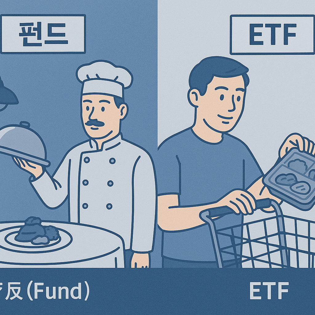 펀드와 ETF의 차이를 레스토랑과 마트에 비유하여 설명하는 이미지.