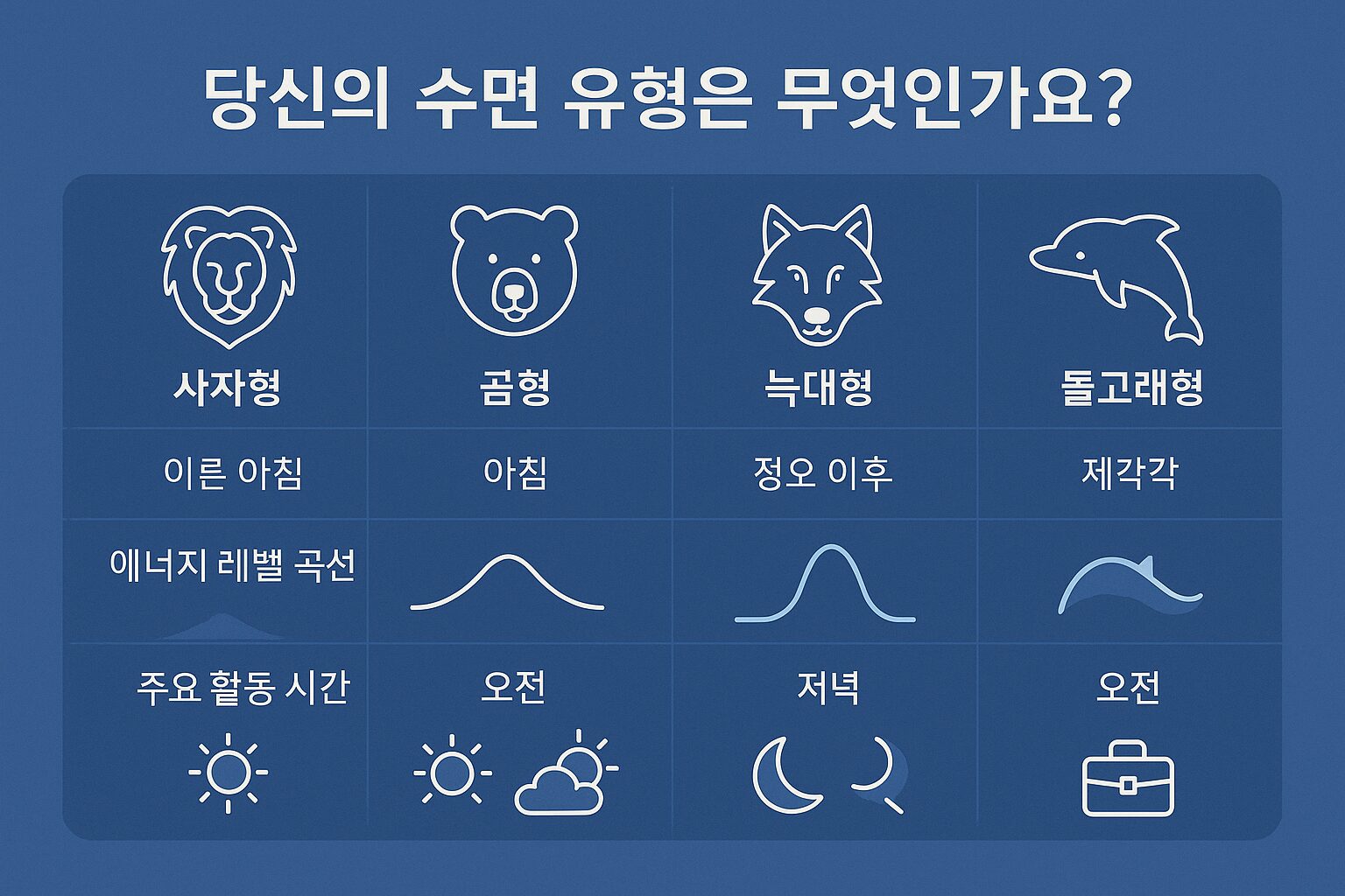 당신의 인생을 바꾸는 '수면 유형' 테스트, 나는 사자, 곰, 늑대, 돌고래 중 무엇일까? 네 가지 수면 유형(사자, 곰, 늑대, 돌고래) 아이콘과 각 유형의 특징을 설명하는 인포그래픽