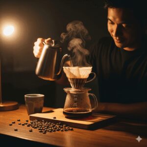 따뜻한 조명 아래서 핸드드립 커피를 내리는 모습, 핸드드립 입문 세트와 원두가 놓여있다