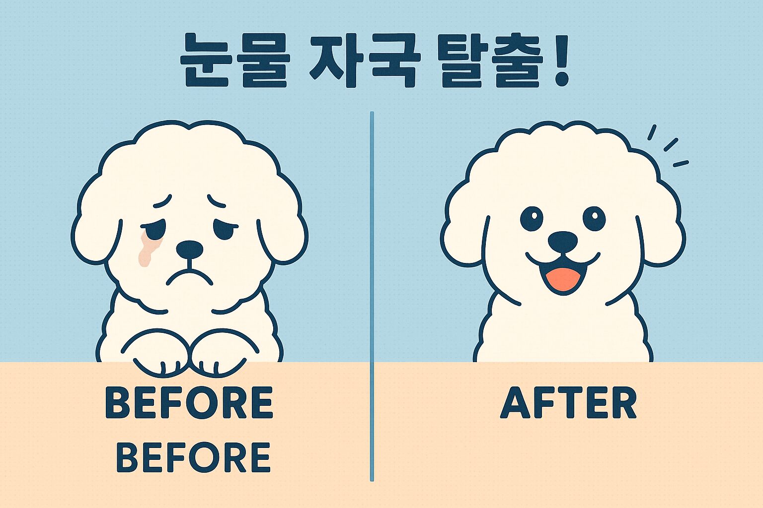 '비숑 눈물 자국' 관리법: 눈물 자국으로 얼룩진 비숑의 얼굴과, 깨끗하고 하얀 얼굴로 환하게 웃는 비숑의 모습을 극적으로 대비시킨 이미지