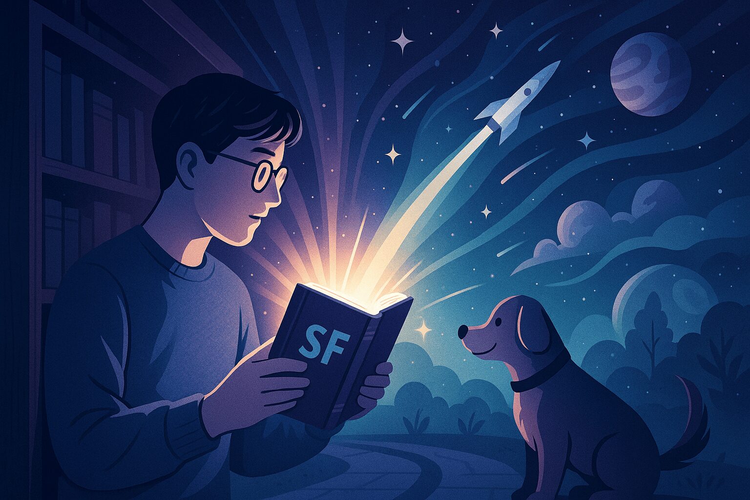 SF 소설: 빌 게이츠와 일론 머스크가 탐독하는 이유, 궁금하지 않으신가요? SF 소설을 읽어야 하는 이유: 한 사람이 SF 소설책을 펼치자, 그 안에서 미래 도시, 우주, 인공지능 등 상상력의 세계가 쏟아져 나와 뇌를 자극하는 모습