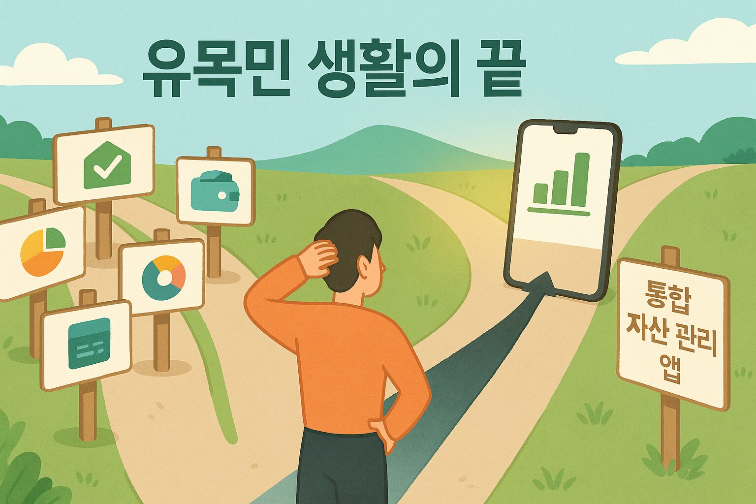 가계부 어플 유목민 종착역: '이것' 하나로 모든 자산 관리 끝내는 법 '가계부 어플' 유목민의 종착역: 여러 개의 복잡한 가계부 앱 아이콘이 하나의 통합 자산 관리 앱으로 모여 깔끔하게 정리되는 인포그래픽