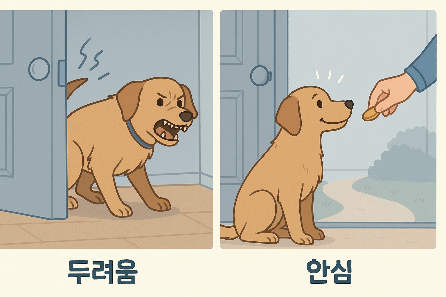 강아지 사회화 훈련: 손님만 오면 짖고 으르렁대는 아이, 원인과 해결책 '강아지 사회화 훈련'으로 경계심 줄이기: 손님을 보고 짖고 으르렁거리는 강아지가, 훈련 후 손님에게 간식을 받아먹으며 꼬리 치는 모습으로 변화하는 인포그래픽