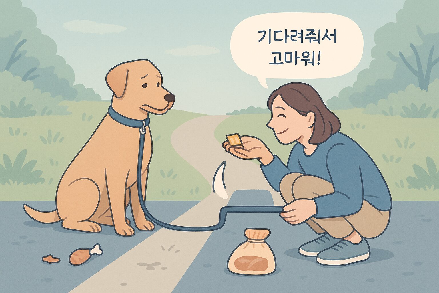 강아지 주워먹는 행동: '기다려' 훈련으로 100% 고치는 마법 '기다려 훈련'으로 강아지 주워먹는 행동 고치기: 바닥에 떨어진 간식을 보고도 보호자를 쳐다보며 침착하게 기다리는 강아지의 모습