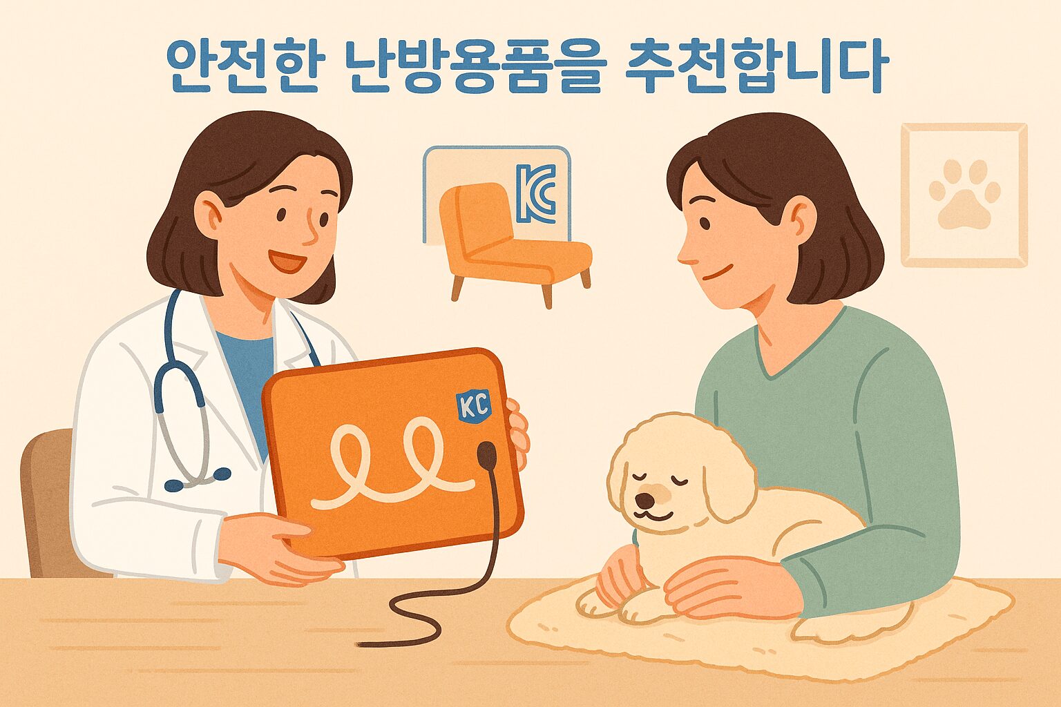 강아지 저온화상 위험: 포근한 담요 위 강아지용 전기장판에 누워있는 작은 강아지. 장판의 온도가 너무 높아 강아지 피부가 붉게 변하는 모습(경고 표시)이 보인다.