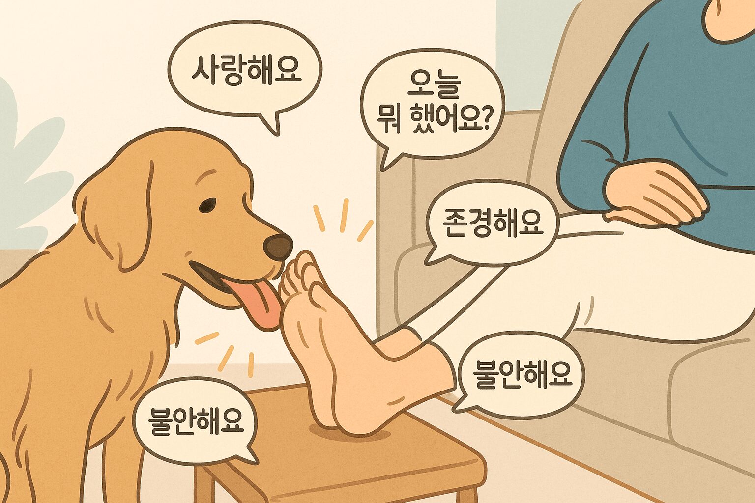 강아지가 핥는 이유: 당신이 몰랐던 5가지 충격적인 속마음 (복종, 불안, 질병?) 강아지가 핥는 이유: 보호자의 발을 핥고 있는 강아지의 머리 위로 '애정', '정보 수집', '불안' 등 다양한 의미의 아이콘이 떠 있는 인포그래픽