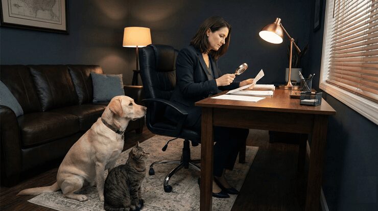 복잡한 강아지 고양이 건강검진 결과표를 꼼꼼히 분석하는 보호자의 모습