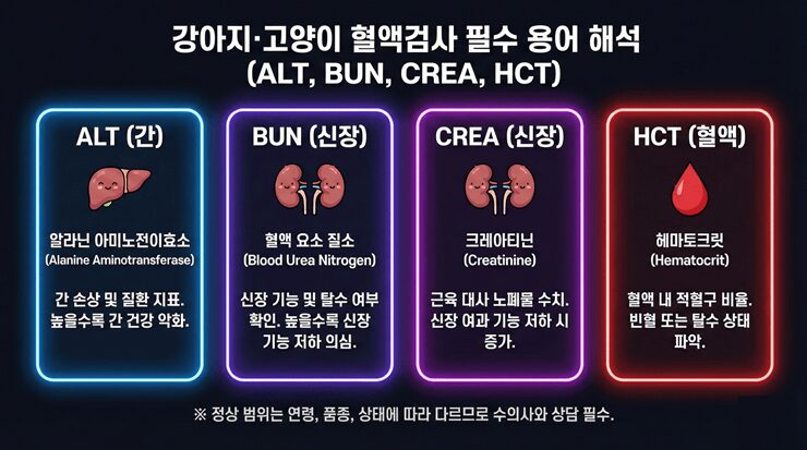 강아지 고양이 건강검진 결과표의 주요 항목인 신장 수치와 간 수치를 비교하는 인포그래픽