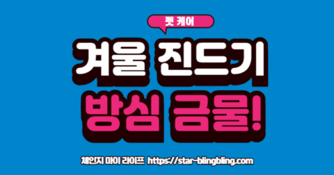 "눈밭에서 뛰어노는 강아지 이미지 위에 '겨울철 진드기 주의!'라는 경고 문구와 진드기 확대 이미지가 겹쳐 보이는 모습"