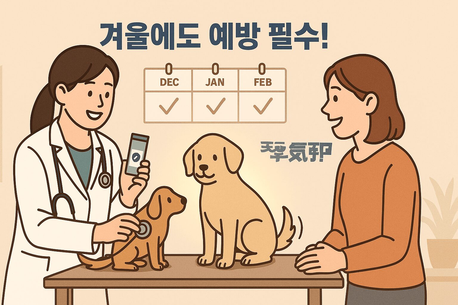 겨울철 진드기 위험 경고: 눈이 살짝 쌓인 겨울 공원에서 산책 중인 강아지. 강아지 털 속에 숨어있는 진드기 모습이 확대되어 보이며 위험 경고 아이콘이 표시되어 있다.