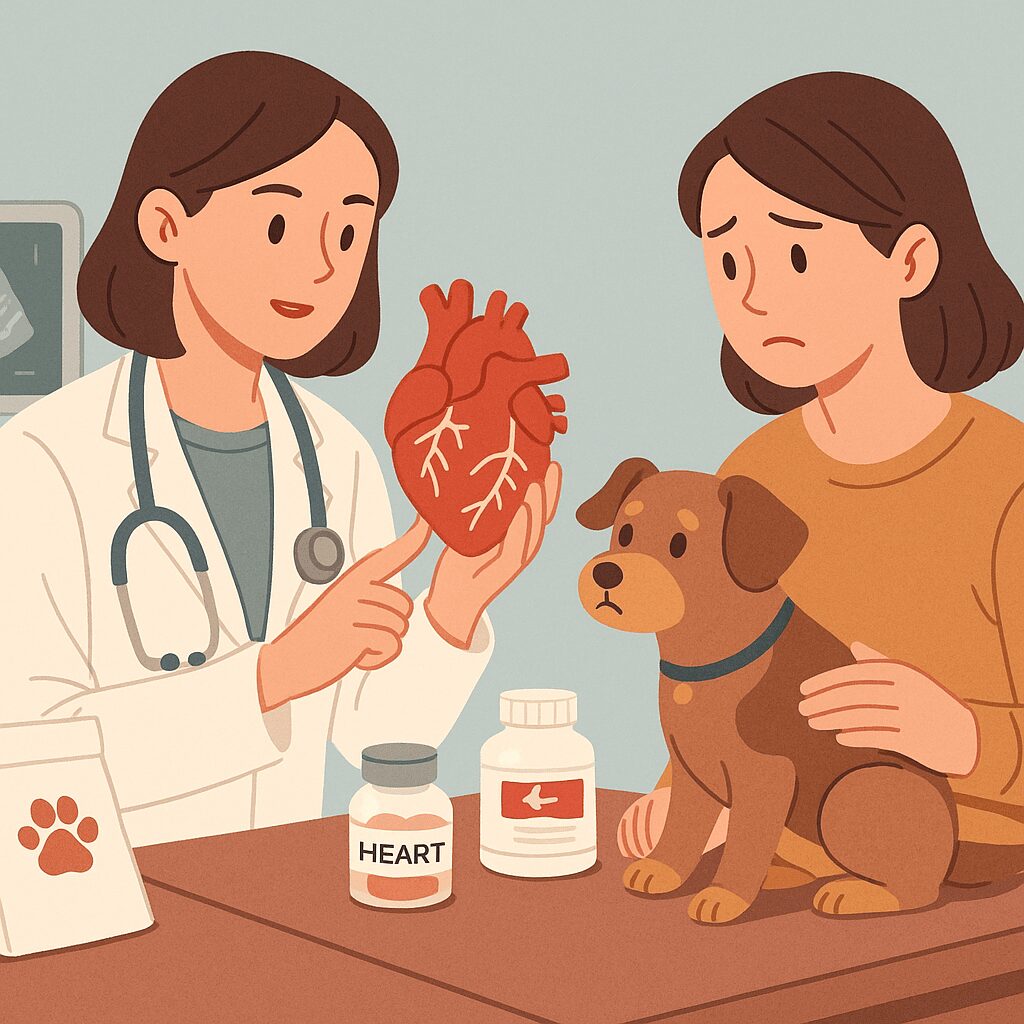 강아지 심장병 신호 경고: 추운 겨울 밤, 창문 너머로 눈이 내리는 배경. 거실 소파에 앉은 보호자가 걱정스러운 표정으로 거위 소리처럼 켁켁거리며 기침하는 작은 강아지를 안고 있다.