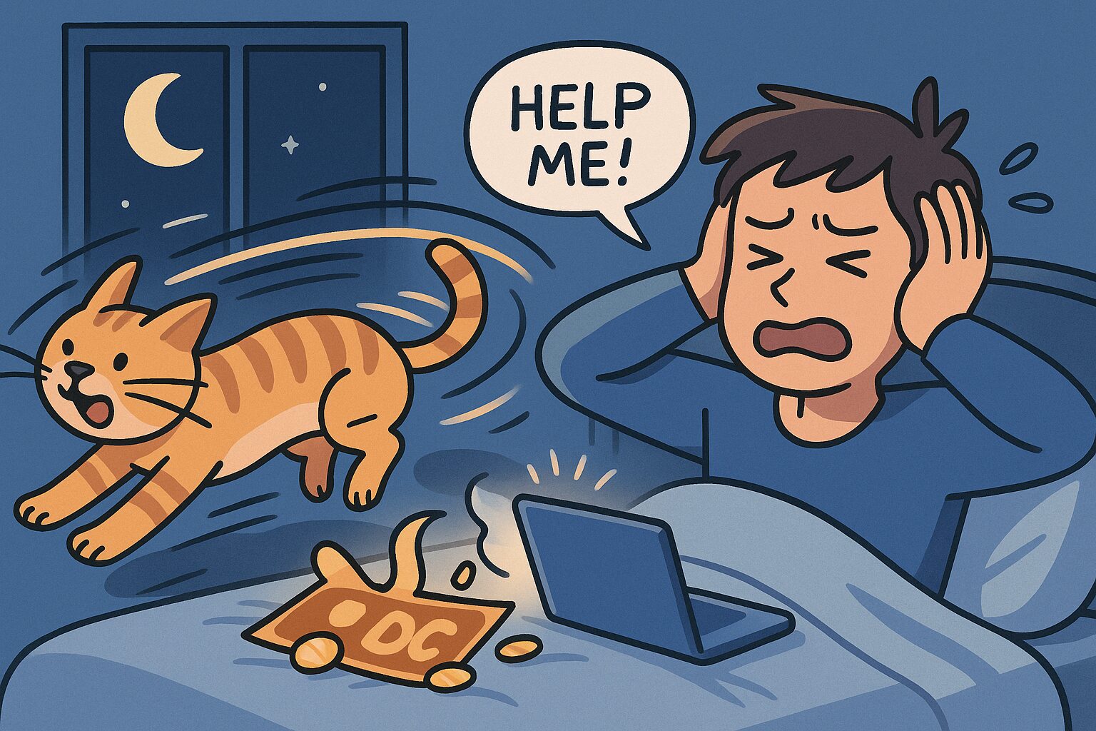 고양이 우다다: 밤에 잠 못 드는 집사를 위한 에너지 소모 놀이법 BEST 3 '고양이 우다다' 해결을 위한 놀이법: 밤에 우다다하며 뛰어다니는 고양이와, 지쳐서 곤히 잠든 고양이의 모습을 대비시킨 인포그래픽