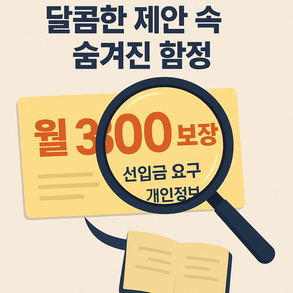 온라인 부업 사기: '월 300 보장'이라는 낚싯바늘에 걸려드는 사람과, 'STOP' 표시로 이를 막는 모습을 대비시킨 인포그래픽