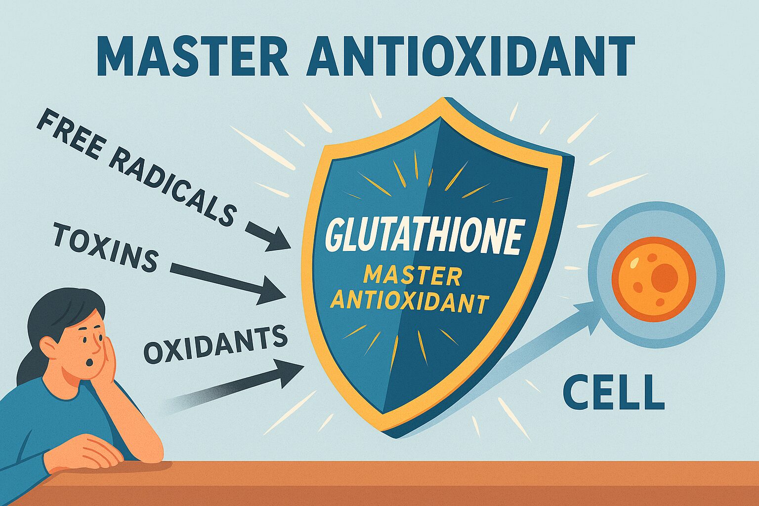 글루타치온: 2025년 최고의 항산화제, 피부 미용 효과는 '덤'일 뿐입니다 '글루타치온'의 효능: 글루타치온 분자가 몸속의 활성산소(독소)를 방패처럼 막아내며 세포를 보호하는 모습을 시각화한 인포그래픽