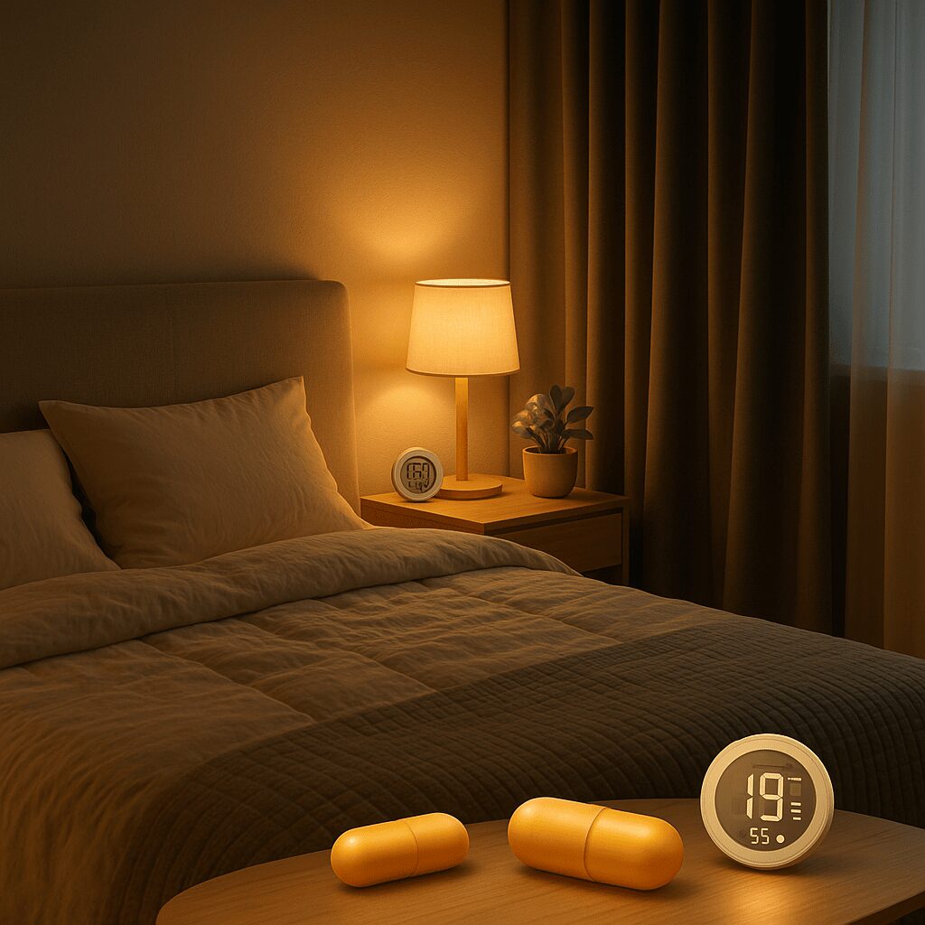 최적의 수면 환경: 아늑하고 정돈된 침실. 창문은 암막 커튼으로 가려져 어둡고, 침대 옆 협탁에는 은은한 무드등, 가습기, 온도/습도계(18℃, 50% 표시)가 놓여있다. 편안하게 잠든 사람의 모습.